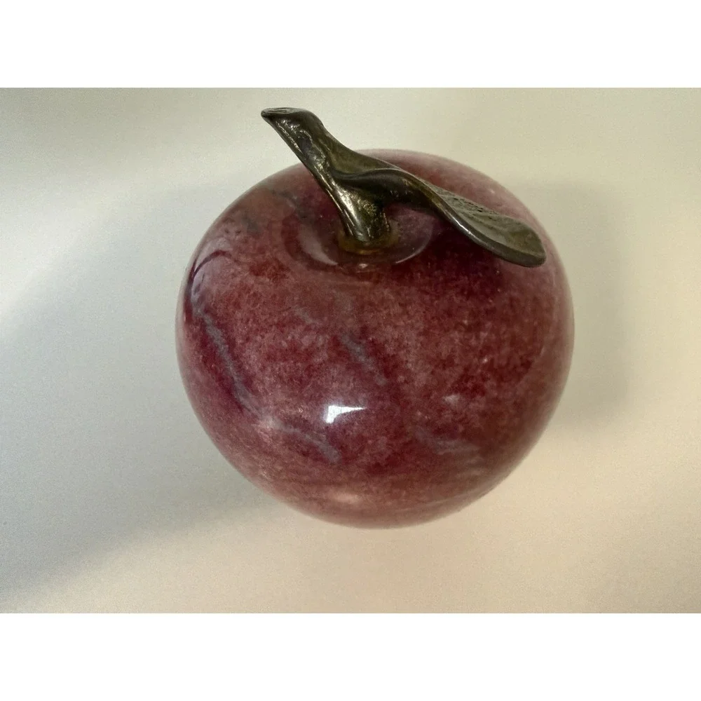 Apple Paperweight Red stone brass stem, Vintage, Desk Decor